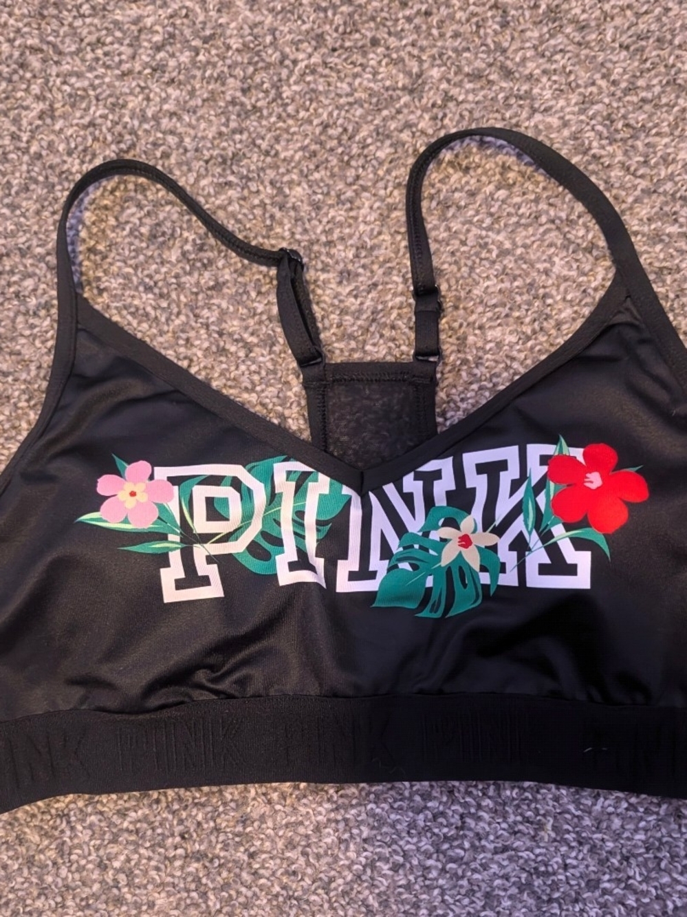 PINK Victoria's Secret Large Black Floral Logo Sports Bralette